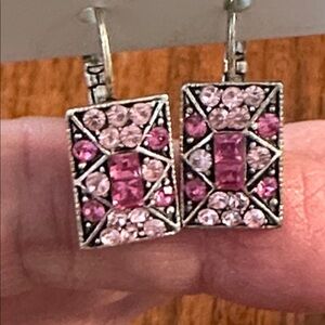 Art Deco silver-tone dangle rectangle earrings with pink rhinestones
